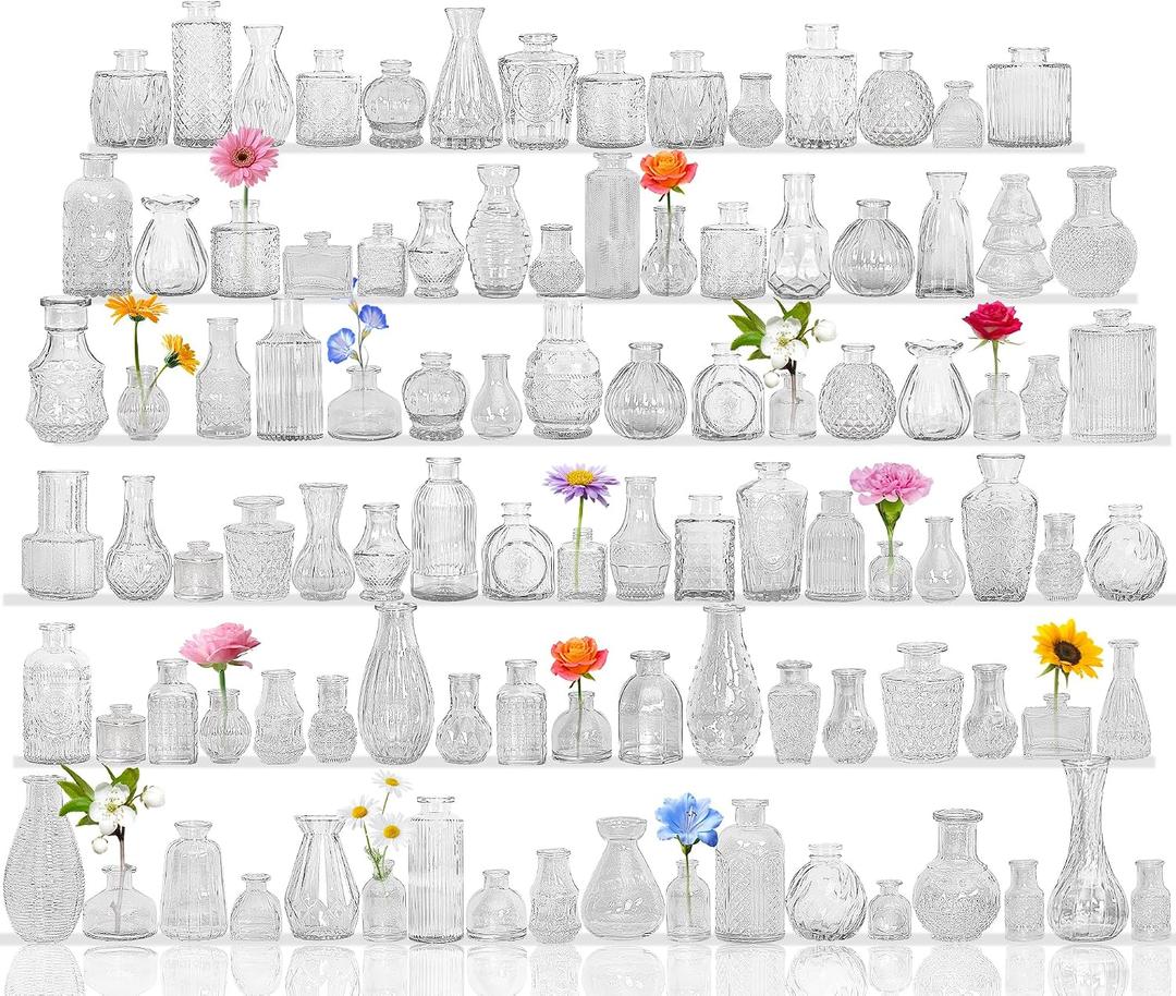 Set of 100 Glass Bud Vase Set, Small Vintage Clear Flower Vase Centerpieces for Table Bulk Cute Rustic Style Mini Vase for Home Decor Wedding Baby Shower Birthday Party