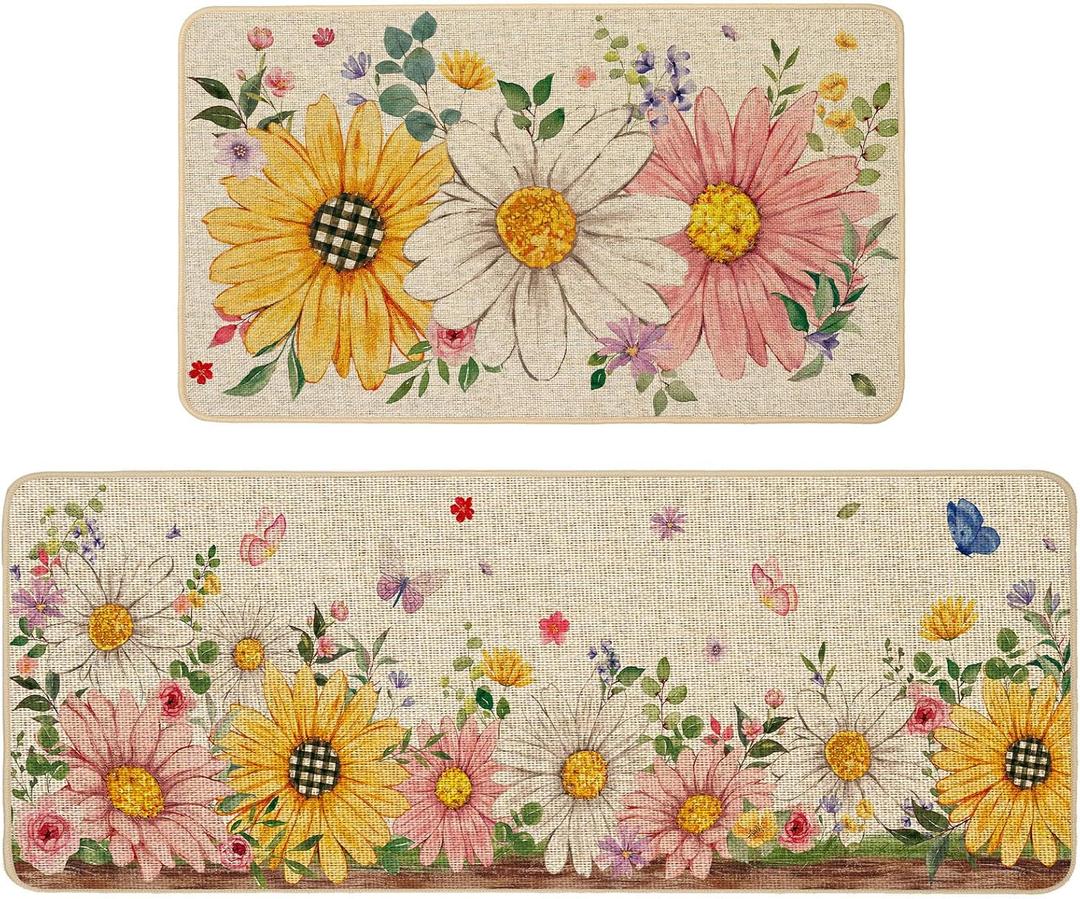 Baccessor Summer Kitchen Mats Set of 2, Daisy Butterfly Floral Kitchen Rugs for Floor Non Slip Low-Profile Seasonal Spring Summer Home Decor 17x29 and 17x47 Inch