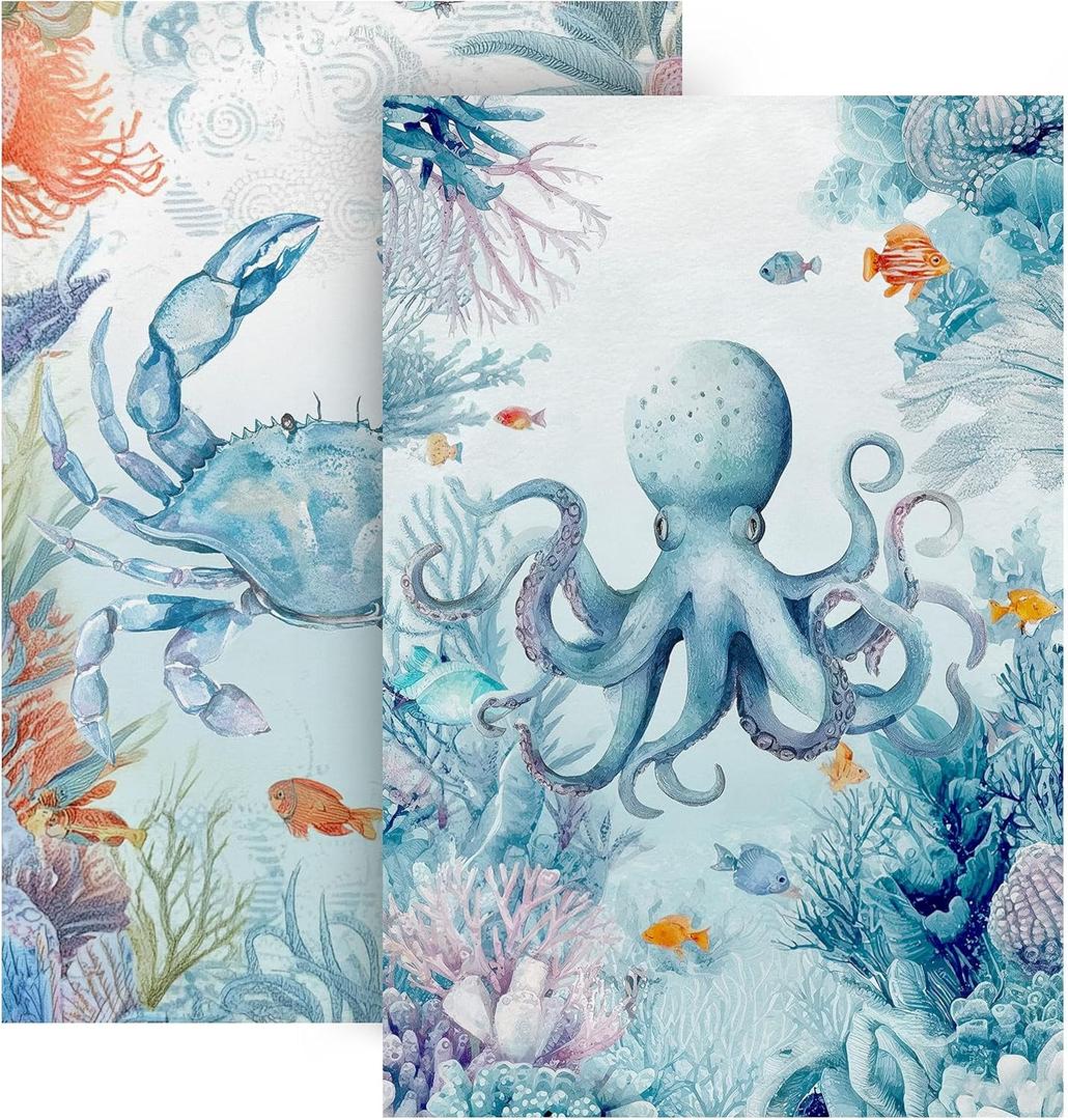 Ocean Octopus Crab Hand Towels Set of 2 Dish Towels Soft Bath Towels Absorbent Guest Face Towel for Kitchen Gym Bathroom Decor, Ocean Octopus Crab, 28"L x 14"W