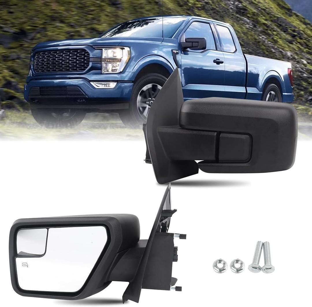 LH Door Mirror 5-Pins Compatible With 2021-2023 Ford F-150 5Pins Driver Left Side Textured Cover Manual Folding W/o Turn Signal Light & BLIS (Blind Spot Light) ML34 17683, ML34 17682, Without BLIS