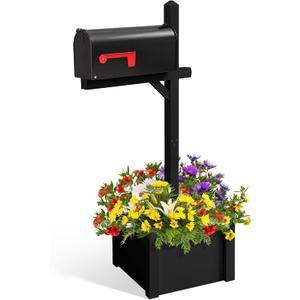 Colingmill 55'' Wooden Mailbox Post with Planter Box and Black Mail Box, Black Decorative Outside Mailbox Post for Yard, Garden, Curbside