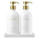 Janxin Glass Kitchen Soap Dispenser Set with Ceramic Tray,16.9 floz Hand and Dish Soap Dispenser for Kitchen and Bathroom Decor (White + Gold(Lotion))