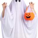 Ghost Costume for Kids, Toddler Ghost Costume with Pumpkin Bag, Halloween Spooky Costumes for Boys Girls Cosplay Dress Up (7-10 years)