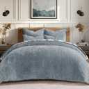 EVERGRACE Velvet Quilt Set Queen Size, Luxurious Soft Striped Channel Bedding Set, Lightweight Velvet Comforter for All Season, Oversized Bedspread Coverlet with 2 Matching Shams, Dusty Blue