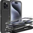 for iPhone 15 Pro Case, Military Grade 3 in 1 Heavy Duty Shockproof/Drop Proof/Dust Proof Case with 2Pcs Tempered Glass Screen Protector (Black/Grey)