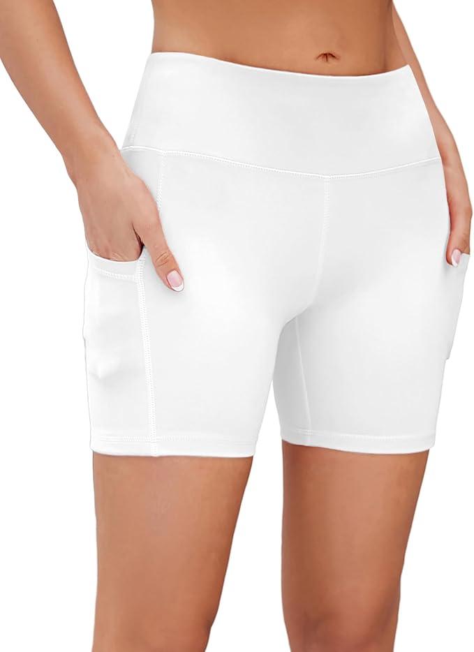 AHLW Workout Biker Shorts for Women with Pockets - High Waisted Stretchy Buttery Soft Athletic Running Yoga Shorts 5 inches (Medium)