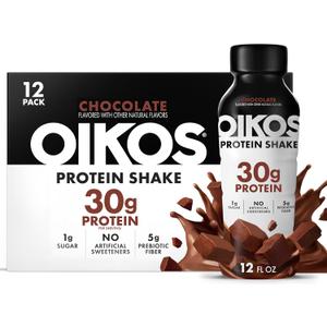 Oikos Protein Shake, Chocolate, 30g High Protein Drinks, Shelf Stable, Ready to Drink, 5g Prebiotic Fiber, 12 fl oz Bottle, 12 Count, BB Date: 12/12/2026
