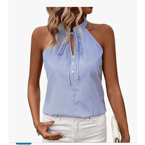 SweatyRocks Women's Tie Neck Button Front Sleeveless Striped Halter Blouse Shirts Top, Size -XL
