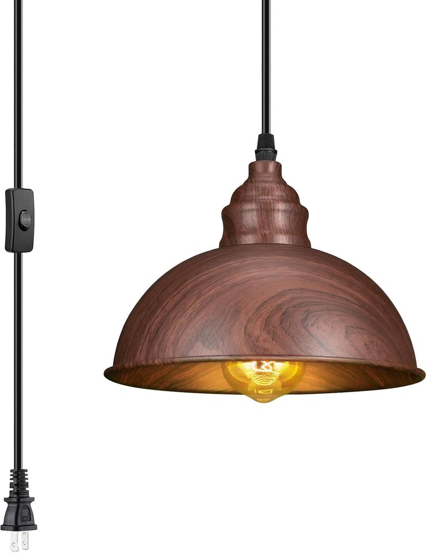 Plug-in Pendant Light, 15FT Hanging Lights, On/Off Switch, Industrial Pendant Light with Plug-in Cord, Metal Hanging Lamps for Living Room, Kitchen, Dining Room Brown