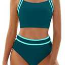 BMJL Women's High Waisted Bikini Sets Two Piece Swimsuits Sporty Tummy Control Bathing Suit Color Block Swim Suit Large