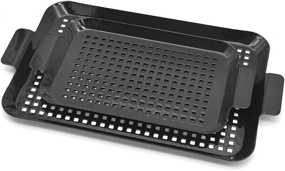 Hovico 2Pcs Grill Basket, Nonstick Grilling Tray Durable Grill Pans with Holes, Thicken Grill Pan for Outdoor Grill Small and Big Topper Baskets BBQ Accessories for Vegetable, Fish, Meat, Seafood