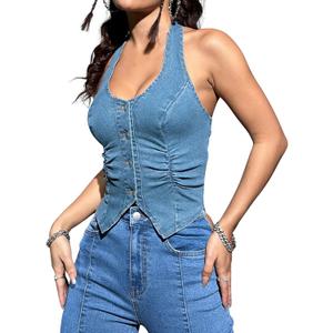 OYOANGLE Women's Button Front Denim Jacket Vest Sleeveless Vintage Halter Jean Crop Tank Top (Large)