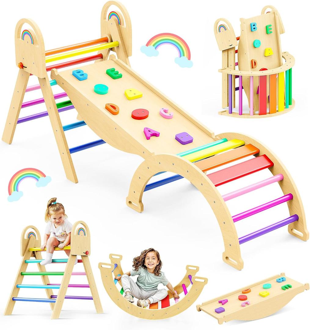 Pikler Triangle Set, 9-in-1 Montessori Climbing Toy for Toddlers, Foldable Wooden Indoor Jungle Gym & Playground Climber for Learning and Motor Skills (18 Months7 Years) (Rainbow)