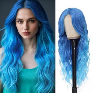 Long Blue Wavy Wig Middle Part for Women 26 Inch Ombre Blue Curly Wavy Wig Natural Looking Synthetic Heat Resistant Fiber Wig for Daily Party Use
