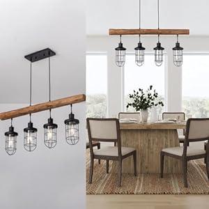 Farmhouse Kitchen Island Pendant Light Fixture, Wooden Dinning Room Chandelier, Rustic Country Hanging Lamp for Dinning Room, Warehouse, Vintage Shops, 4 Metal Shades