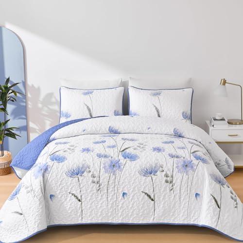 Dinjoy Floral Quilt Set Queen,Blue Bedspreads Queen Size 3 Pieces Cute Bedding Set Farmhouse Quilts Soft Flower Bedspreads White Coverlet Sets for All Season
