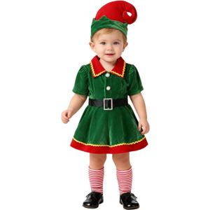 Kids Toddler Baby Girls Christmas Outfits Elf Costumes Santa's Helper Fancy Dress Xmas Cosplay Elf Hat Stockings (6-12 Months, Green)