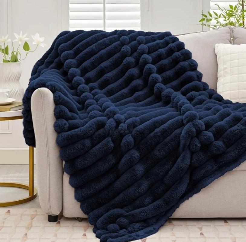 Cozy Soft Faux Fur Throw Blanket, 800GSM Warm Thick Fluffy Blanket, Fuzzy & Plush Striped Fur Throw for Couch & Bed Home Decor, 60"x80", Navy Blue