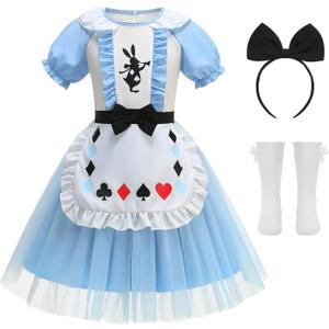 Princess Costume for Girls Halloween Dress with Headband and Stockings (150(7-8T), Blue)