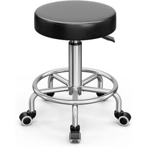 Icoget 360 Swivel Round Rolling Stool Chair, Height Adjustable Salon Shop Stool, Drafting Work SPA Medical Stools Office Chair with Wheels, Black