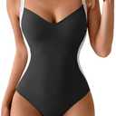 Eomenie One Piece Swimsuit Lace-Up Back,Colorblock Waist-Slimming,Adjustable Wide Straps,Fully Lined Coverage,Resort Swimwear (Large, Black,white)
