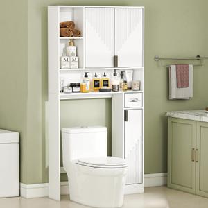 GOODONE White Over The Toilet Storage Cabinet - with 3 Doors and Toilet Paper Holder Stand, FreeStanding, for Bathroom, Restroom, Laundry