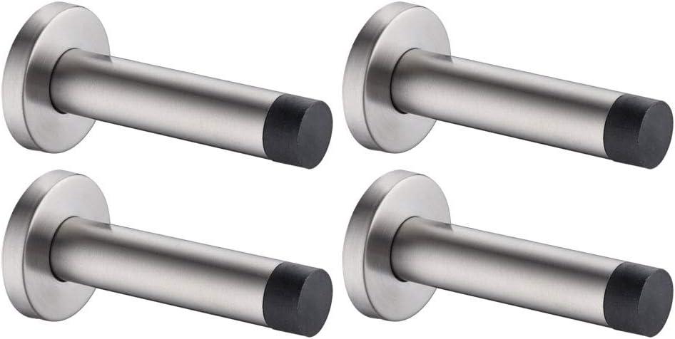 JQK Door Stopper, 304 Stainless Steel Thicken 1mm Sound Dampening Door Stop Bumper Wall Protetor 4 Pack, Brushed, DSB5-BN-P4 (Brushed & Black Tip)