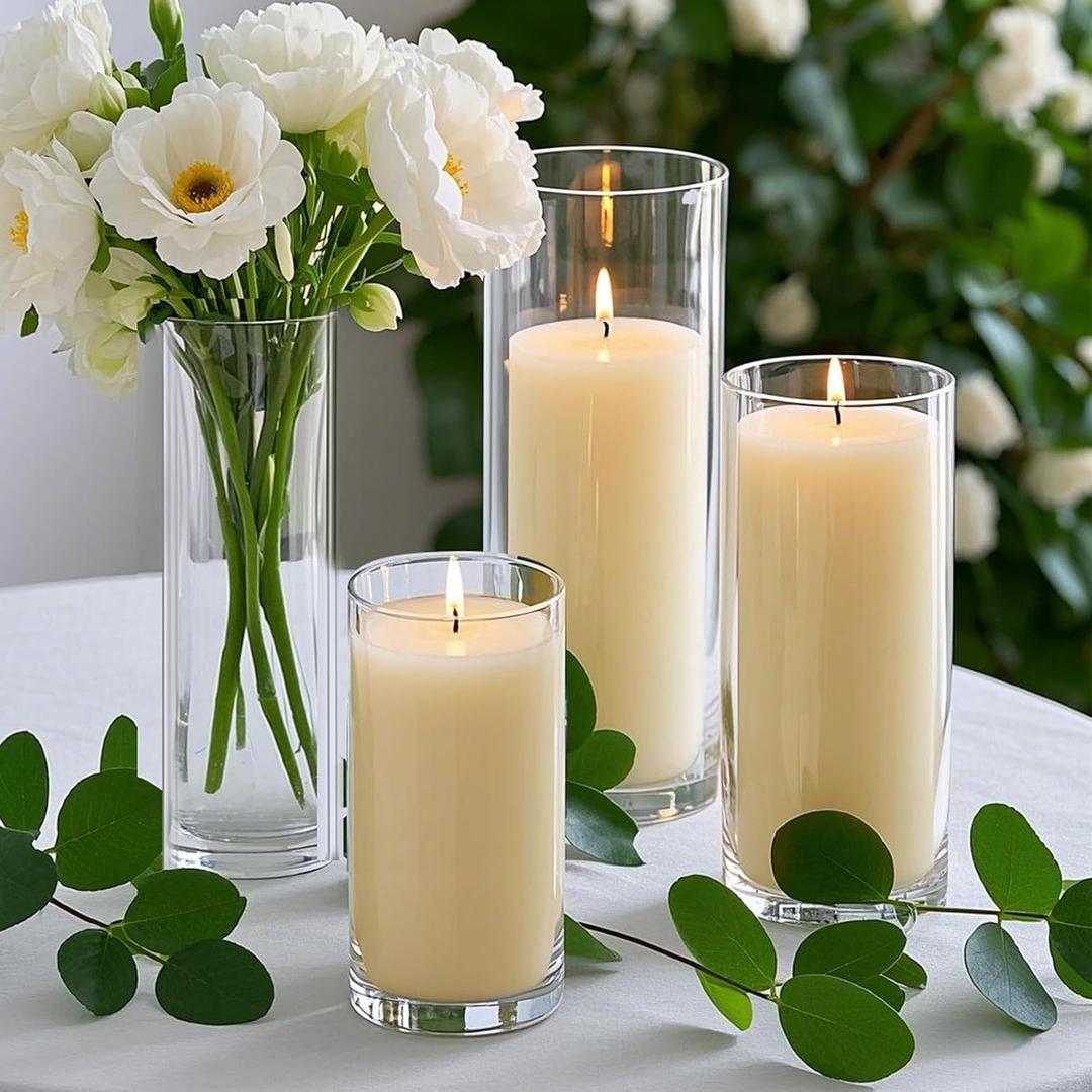 Homjoy 6 PCS Ivory White Pillar Candles with Glass Candle Holders Clear Hurricane Candle Holders Glass Cylinder Vases for Centerpieces Wedding Party, Event, Home Office 
