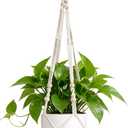 Mkono Macrame Plant Hanger Indoor 29 Inch Hanging Planter Basket with Wood Beads Decorative Flower Pot Holder No Tassels for Indoor Outdoor Boho Home Decor (POTS NOT Included) (1, Ivory)