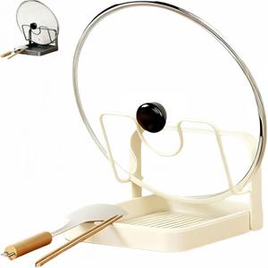 Kitchen Pot Lid Storage Rack, 304 Stainless Steel Pot Lid Holder While Cooking, Multifunctional Kitchen Pot Cover Organizer for Countertop, With Removable Drip Tray (Beige Single-layer)