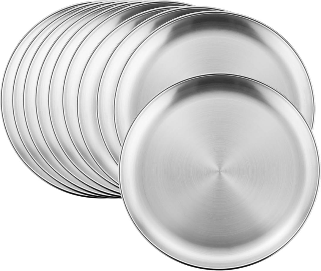 HaWare 10-Piece 18/8 Stainless Steel Plates, Metal 304 Dinner Dishes for Kids Toddlers Children, 10 Inches Feeding Serving Camping Plates, Reusable and Dishwasher Safe