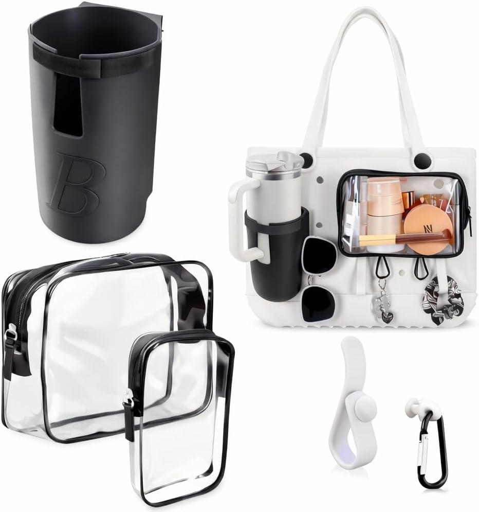 5-Piece Bogg Bag Accessories Set Compatible with Original, Baby & Simply Southern Totes - Includes Clear Insert Pouches, Silicone Cup Holder (Fits 40oz Tumblers) & Hooks (Black)