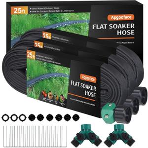 Flat Soaker Hose 25 ft 3-Pack with Splitter, 80% Water-Saving Drip Irrigation Hose 75 ft, Linkable DIY Garden Soaker Hose System for Garden Beds, Lawn, Vegetables & Trees (25ft 3-pack)