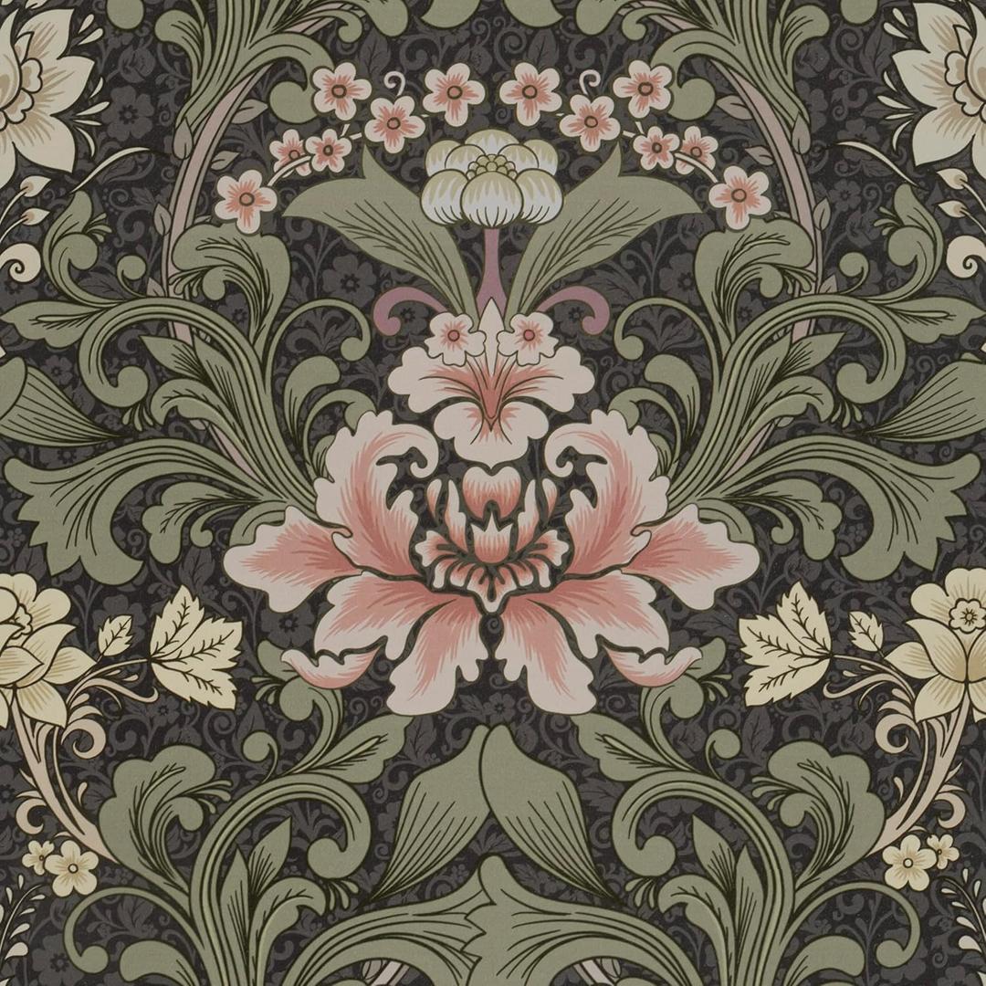 Abyssaly Vintage Floral Peel and Stick Wallpaper, Dark Green Mid Century Moody Contact Paper, Removable Self-Adhesive William Morris Flower Wall Murals for Bathroom Bedroom Home Decor 17.3in x 393.7in
