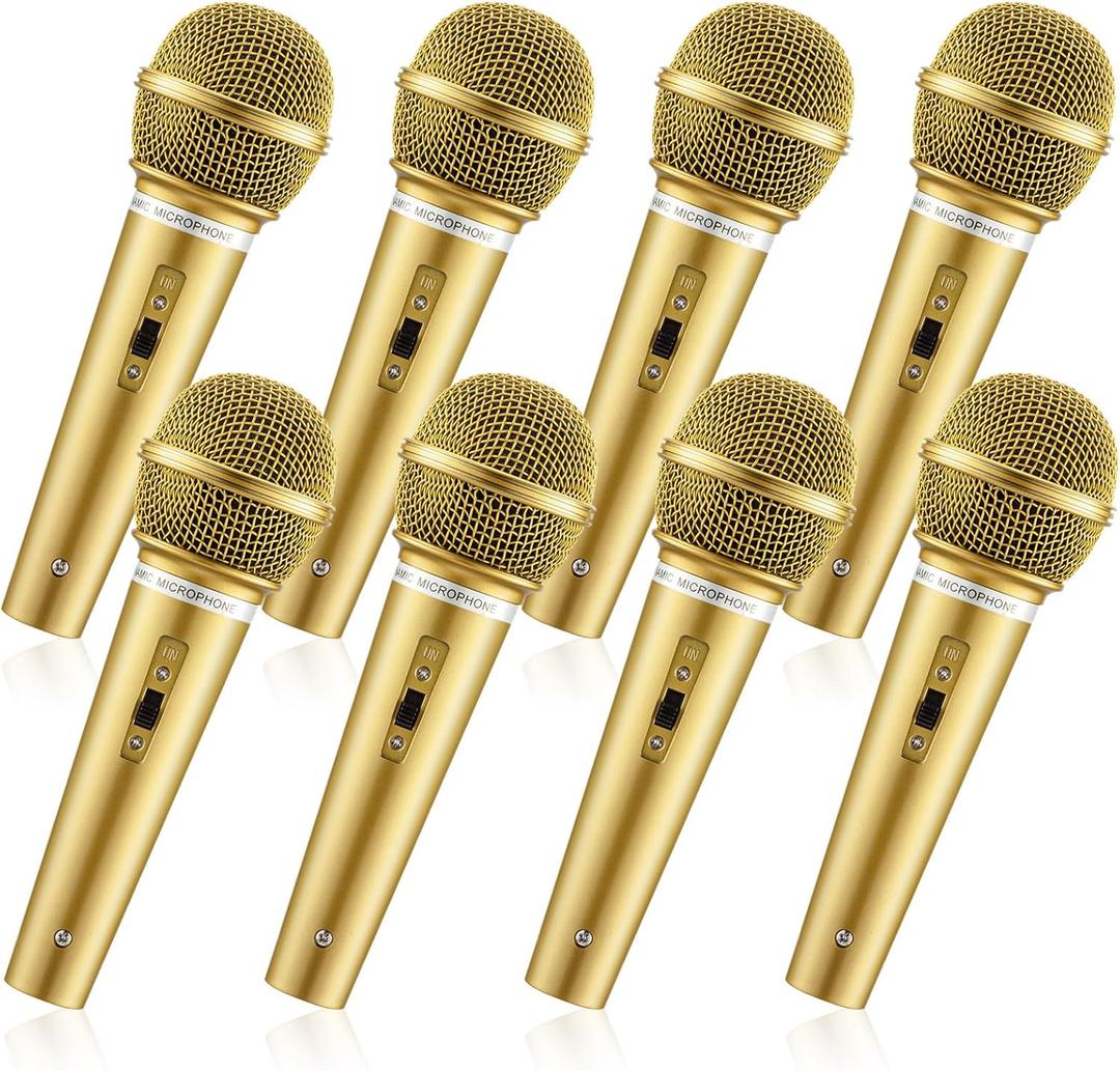 Facmogu 8 PCS Fake Microphone Set, Plastic Display Microphone Prop for Karaoke Costume, Realistic Mic Prop Kit for Cosplay Music, Halloween, Christmas, Birthday Party Favors - Gold