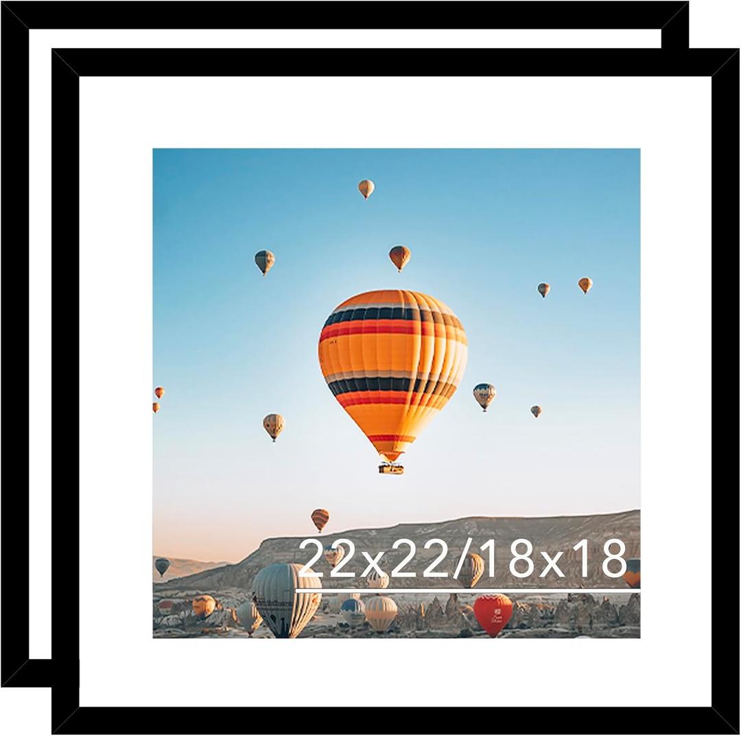 JCJMY 22x22 Picture Frame Set of 2 Black with 18x18 Mat, Display Photo 18x18 with Mat or 22 x 22 Without Mat, Wall Hanging Large 22x22 Poster Frame with Shatter Resistant Plexiglass, 2 Pack, Black