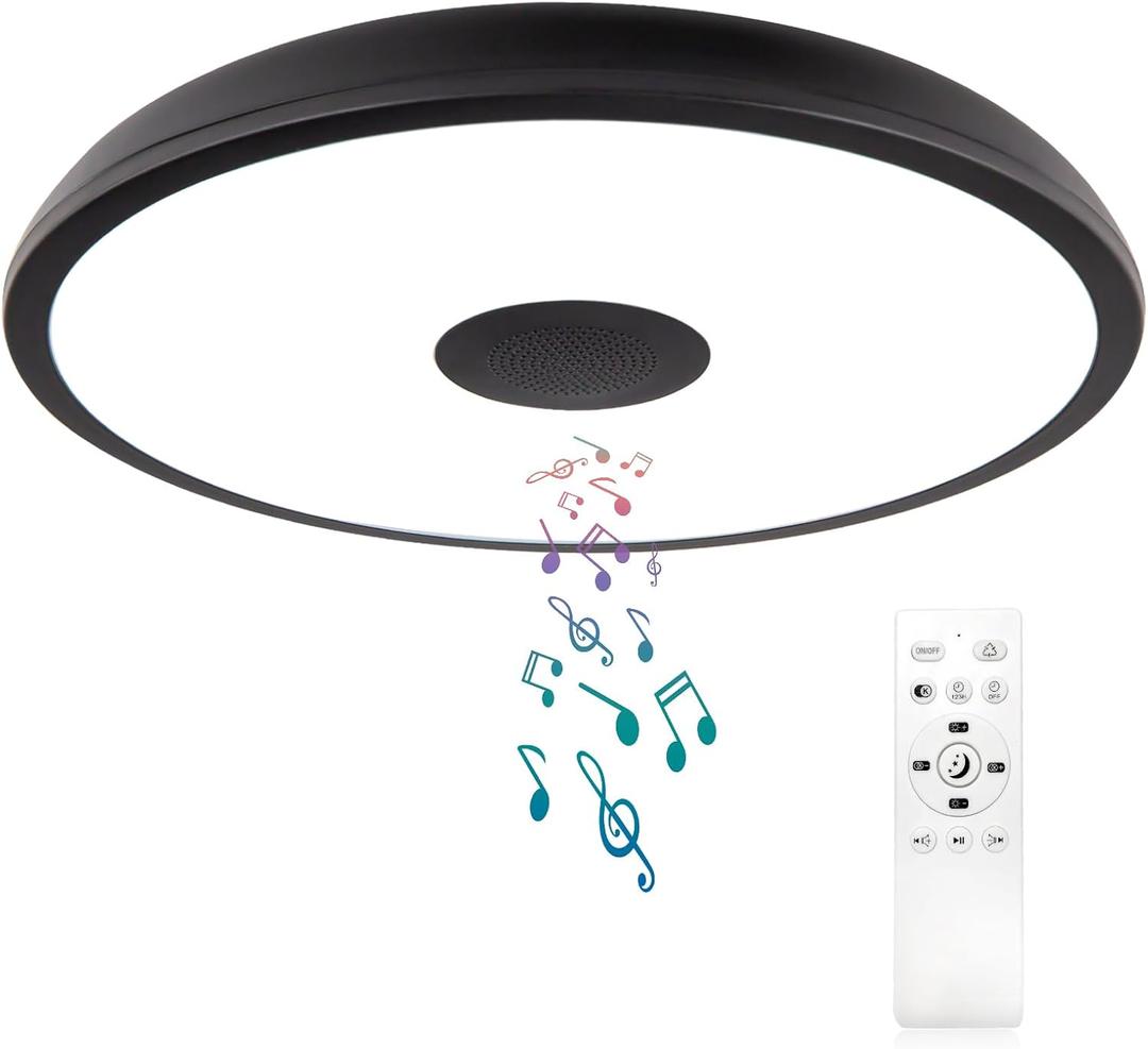 Black Waterproof LED Flush Mount Ceiling Light Fixture,with Bluetooth Speaker,11 Inch,18 watt,Dimmable Music Lamp,RGB Color Changing Light with Remote Control,for Bathroom,Shower,Bedroom