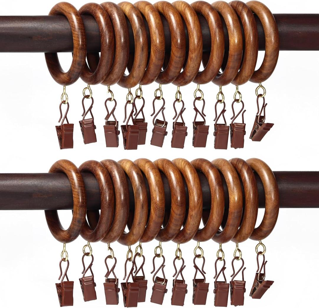 24 Pcs Curtain Rings with Clips Wooden 2.5 inch outer Dia for 1 inch Rod Pole, Window Shower Curtain Hooks, Wood Curtain Rod Wood Curtain Rings with eyelet, Drapery Rings.(24, 1.75 INCH INNER DIA)