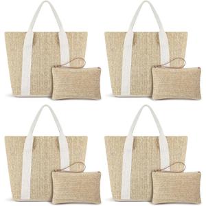 8 Set Beach Bags with Reusable Makeup Pouch Straw Gift Bag with Handle for Women Bridesmaid Bridal Wedding Gifts