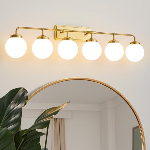 Deyidn Bathroom Light Fixtures Gold Vanity Lights Over Mirror, Modern Wall Sconce Lighting 6-Light with White Glass Globe Shade - Amazon.com