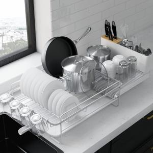Kitsure Large Dish Drying Rack - Extendable Dish Rack, Multifunctional Dish Rack for Kitchen Counter, Anti-Rust Dish Drainers with Cutlery & Cup Holders 19.2"-26.7" L x 12.9" W, White (Standard)