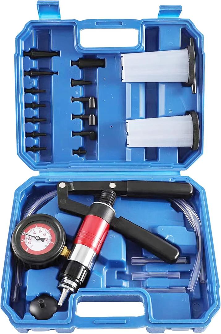 23PCS Handheld Vacuum Pump Tester Brake Bleeder Kit Brake System Bleeding Tools with Adapters and 2 Reservoir Bottles Automotive Brake for Car Truck Motorcycle (Blue)