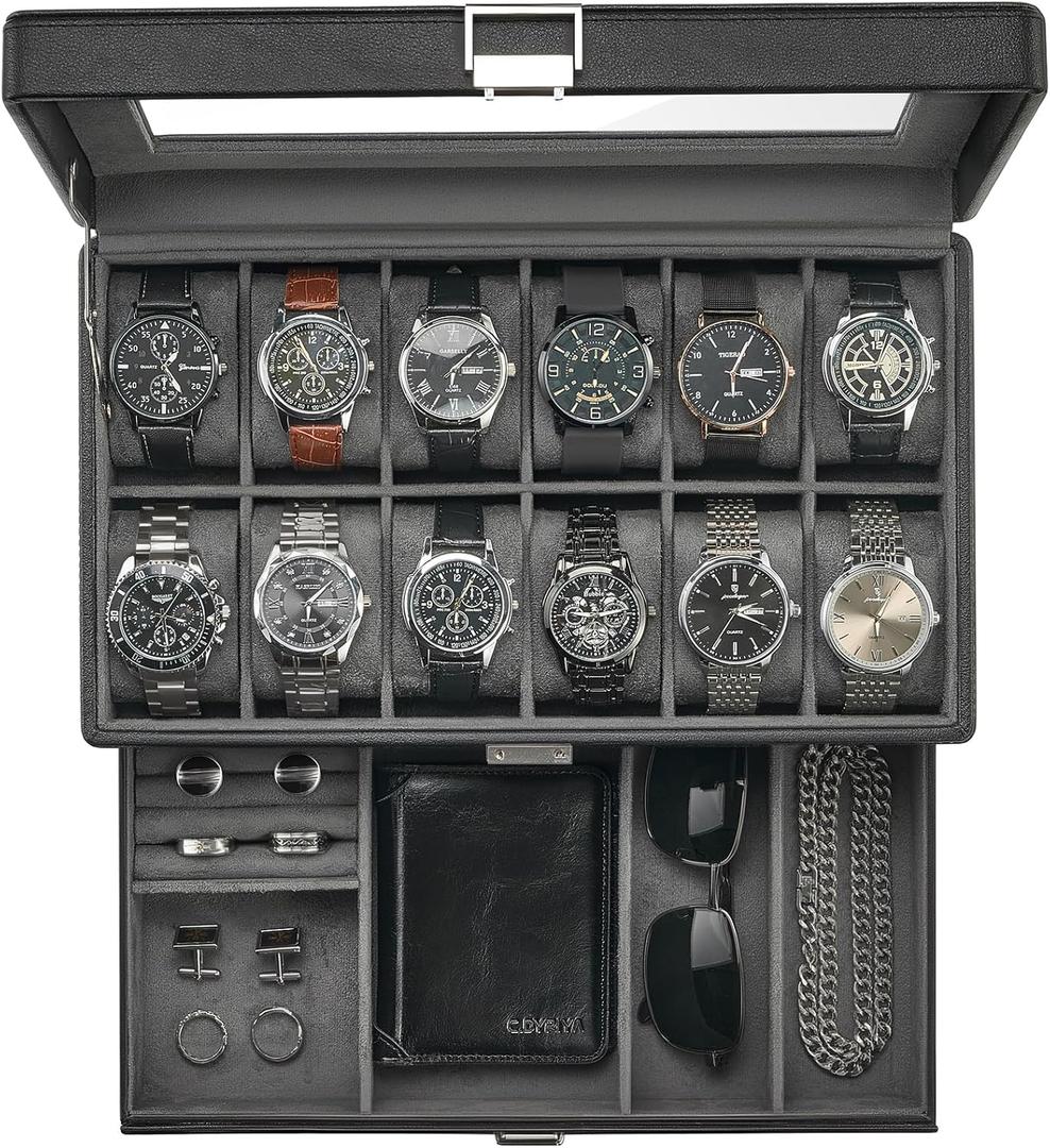ProCase Watch Box for Men, Jewelry Organizer Box with Drawer, Display Storage Case with Glass Lid -Black, 12 Slot