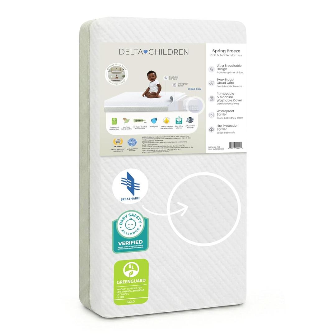 Delta Children Spring Breeze Mattress - Breathable Baby Crib & Toddler Mattress with Cloud Core - Machine Washable Cover - GREENGUARD Gold Waterproof