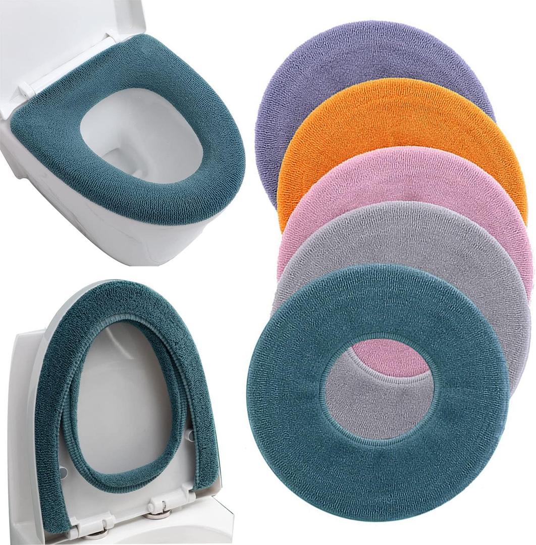 Bathroom Soft Thicker Warmer Stretchable Washable Cloth Toilet Seat Cover Pads 3PCS (Blue Green Gray) (5 Colors)