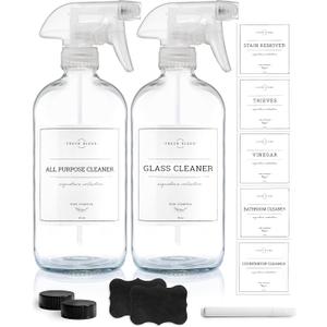 Vine Creations Glass Spray Bottles, 2 Pack Refillable Spray Bottles for Cleaning Solutions, Clear Spray Bottle for plants, Water Spray Bottle Sprayer, Glass Spray bottles 16 oz with Waterproof Labels (Clear Bottle / Clear Nozzle)
