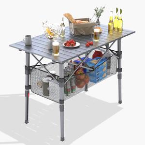 Portable Camping Table with Adjustable Height Legs, Lightweight Aluminum Roll-up beach tables for sand foldableFolding Picnic Table Large Storage Basket for Outdoor camping (Black, Medium 37")