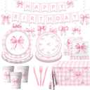 Coquette Birthday Decorations-178Pcs Pink Bow Plates and Napkins Kit Girls Birthday Party Supplies,Pink Bow Theme Tableware Serves 24