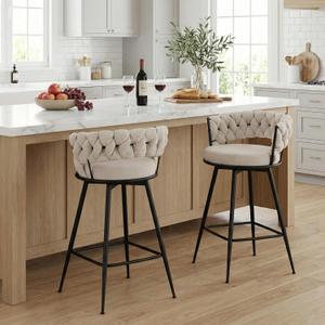 YOUNUOKE 360 Swivel Bar Stools Set of 2, 28 inch Seat Height Barstools with Woven Low Back, Metal Straight Legs with Footrest, Chenille Bar Stool for Kitchen Island, Bar & Pub (2 PCS, Beige), 36.22 inches tall