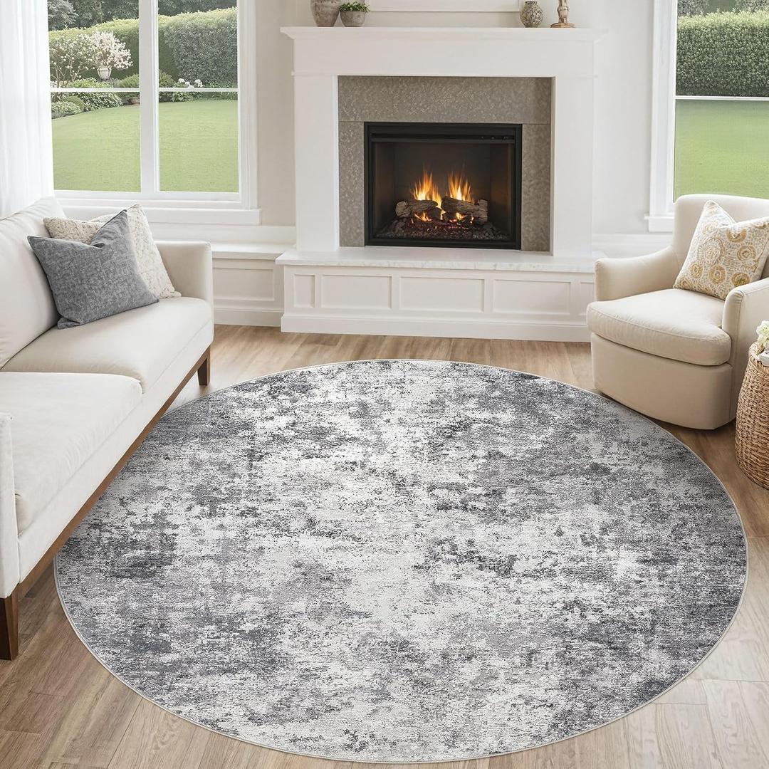 6ft Round Area Rug Living Room Rugs - 6x6 Washable Neutral Modern Abstract Soft Thin Rug Indoor Floor No Slip Rug Carpet for Bedroom Under Dining Table Home Office Decor - Grey